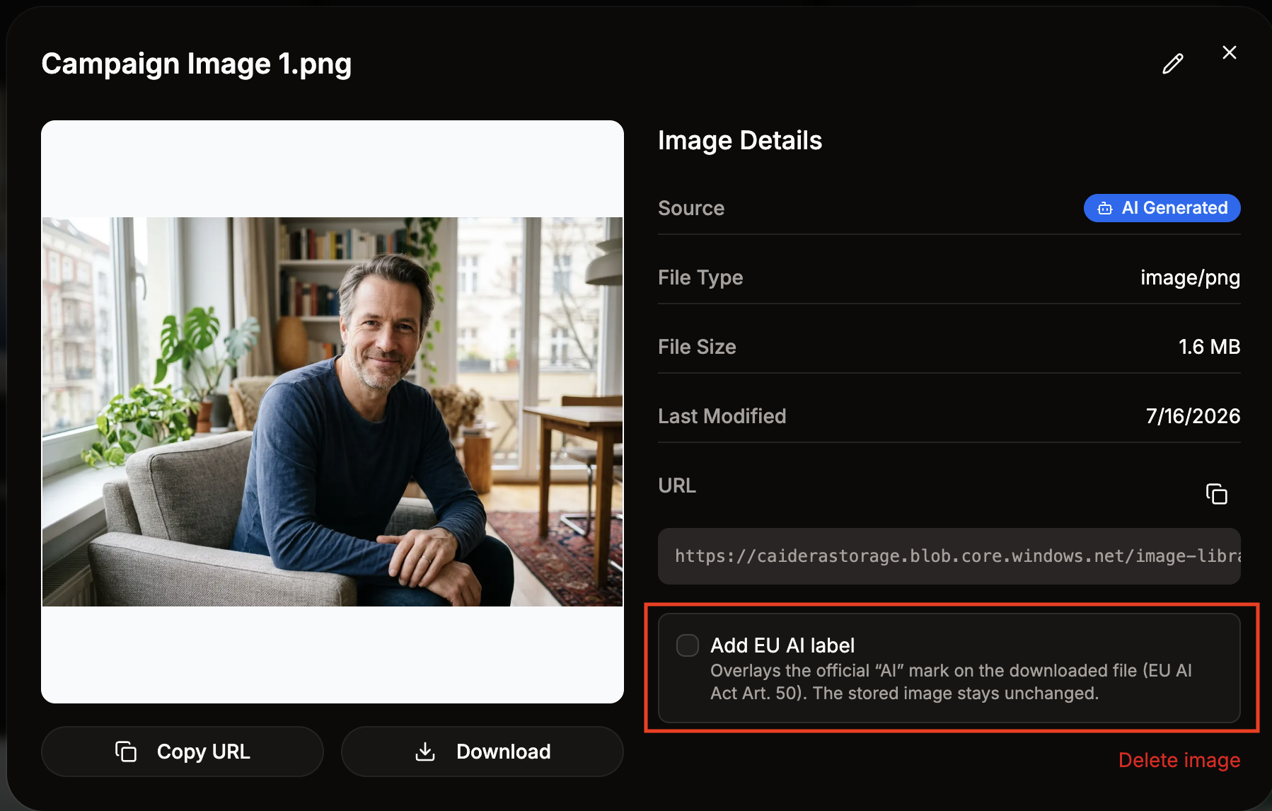 Screenshot of the visible EU AI label toggle in Caidera's Image Gallery, used for AI Act Article 50 disclosure