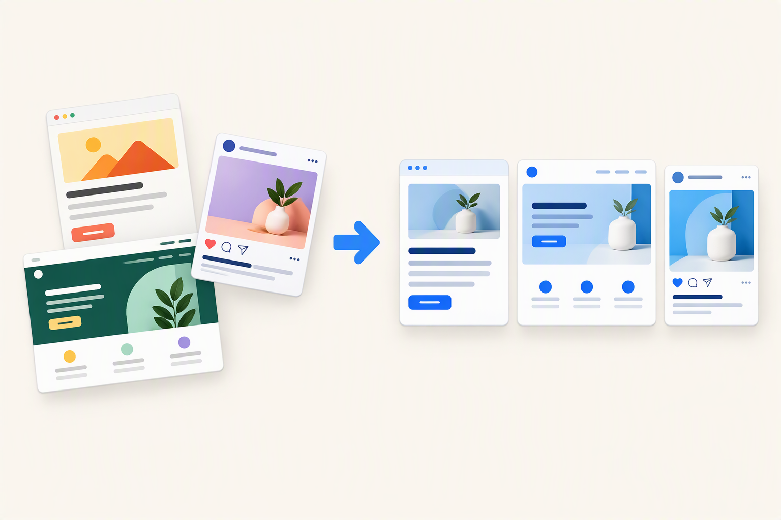 Three mismatched marketing assets with different colours and image styles are transformed into a consistent set of web page, email and social post designs.