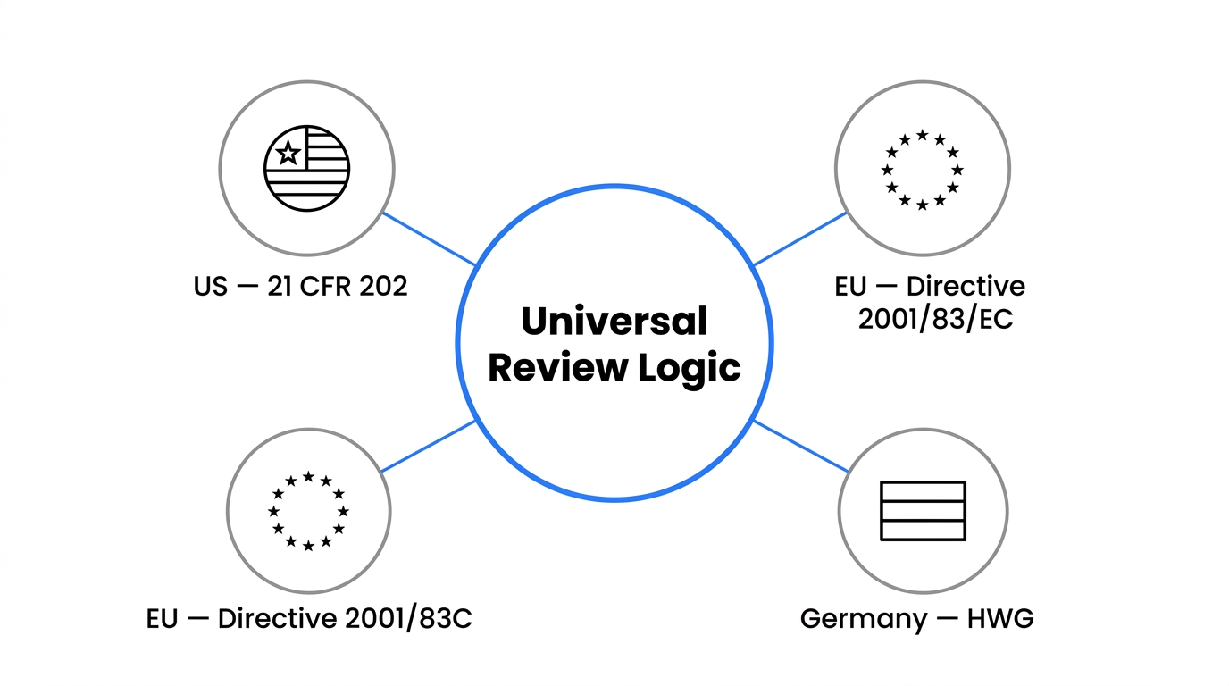 Universal review logic diagram showing one central compliance framework connected to region-specific rules for the US (21 CFR Part 202), EU (Directive 2001/83/EC), and Germany (HWG)