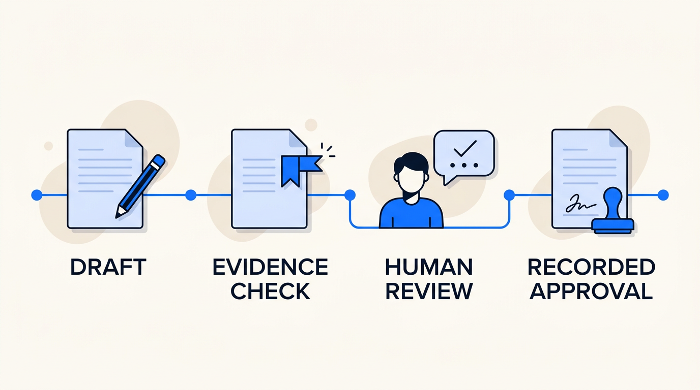 Approval workflow in four steps: draft, evidence check, human review and recorded approval