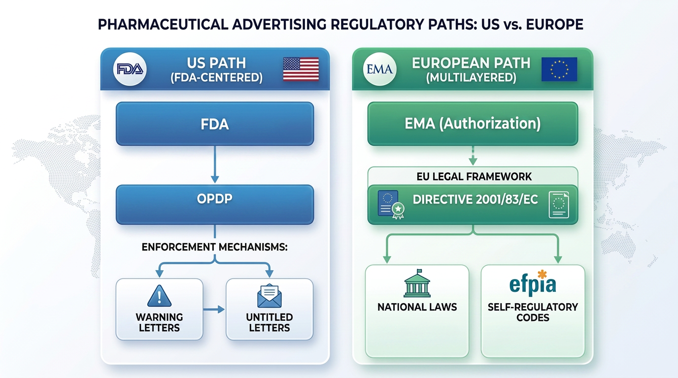 Diagram showing overlapping promotional regulation regimes — FDA and OPDP in the US, EMA and Directive 2001/83/EC in the EU, national codes such as Germany's HWG, and industry self-regulation bodies EFPIA, ABPI, and IFPMA — converging at the promotional review committee