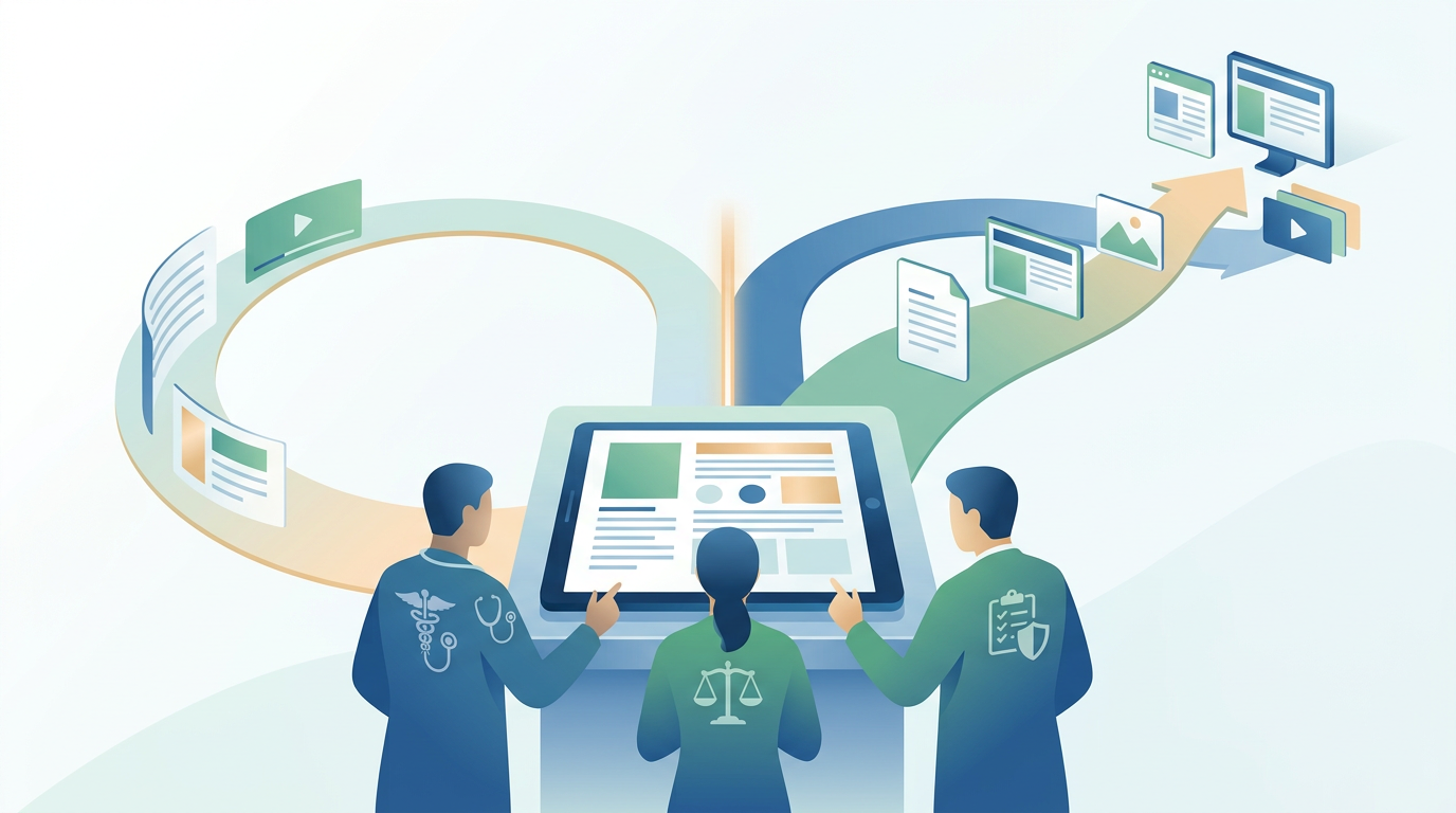 Promotional review committee — Medical, Legal, and Regulatory reviewers approving pharmaceutical marketing content before publication