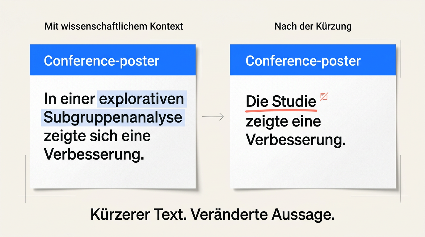 Zwei Studienformulierungen im Vergleich: Beim Kürzen entfällt der Hinweis auf die explorative Subgruppenanalyse. Dadurch erscheint das Ergebnis als allgemeine Studienaussage.