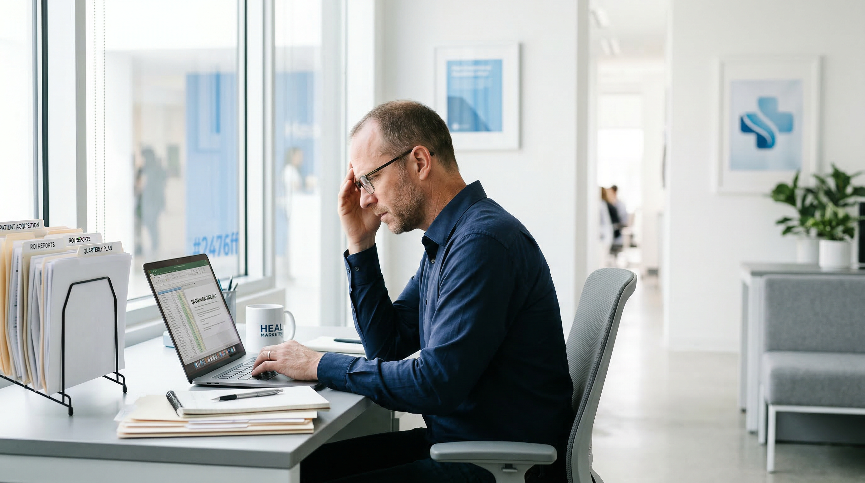 Healthcare marketing professional reviewing compliance documents on a laptop in a bright, modern office