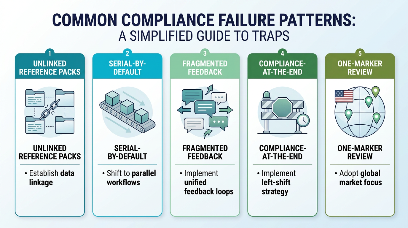 Diagram of five common promotional review committee failure patterns: incomplete reference packs, default sequential review, fragmented feedback across versions, compliance checked only at the end, and single-market review applied to multi-market content