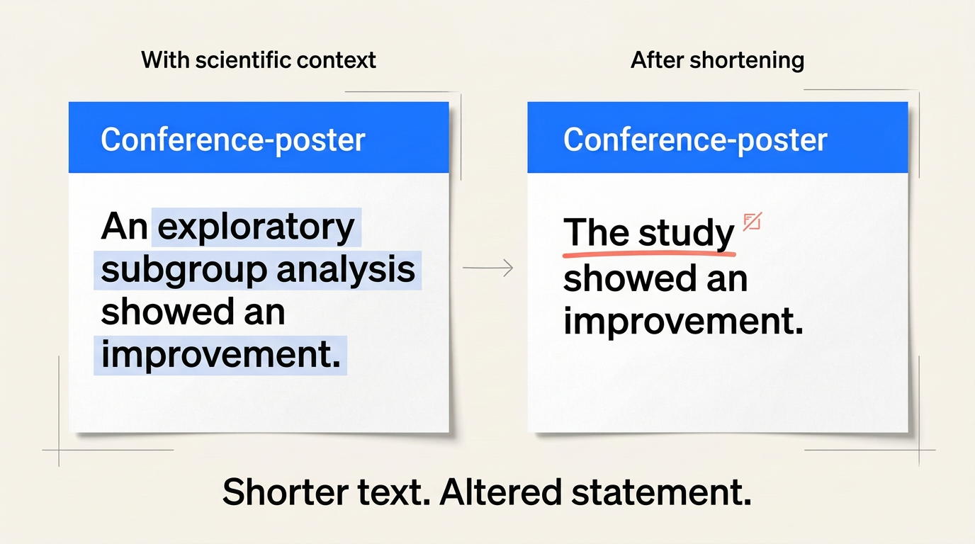 Two versions of a study quotation compared: shortening the sentence removes the reference to the exploratory subgroup analysis, making the finding appear as a general study conclusion.
