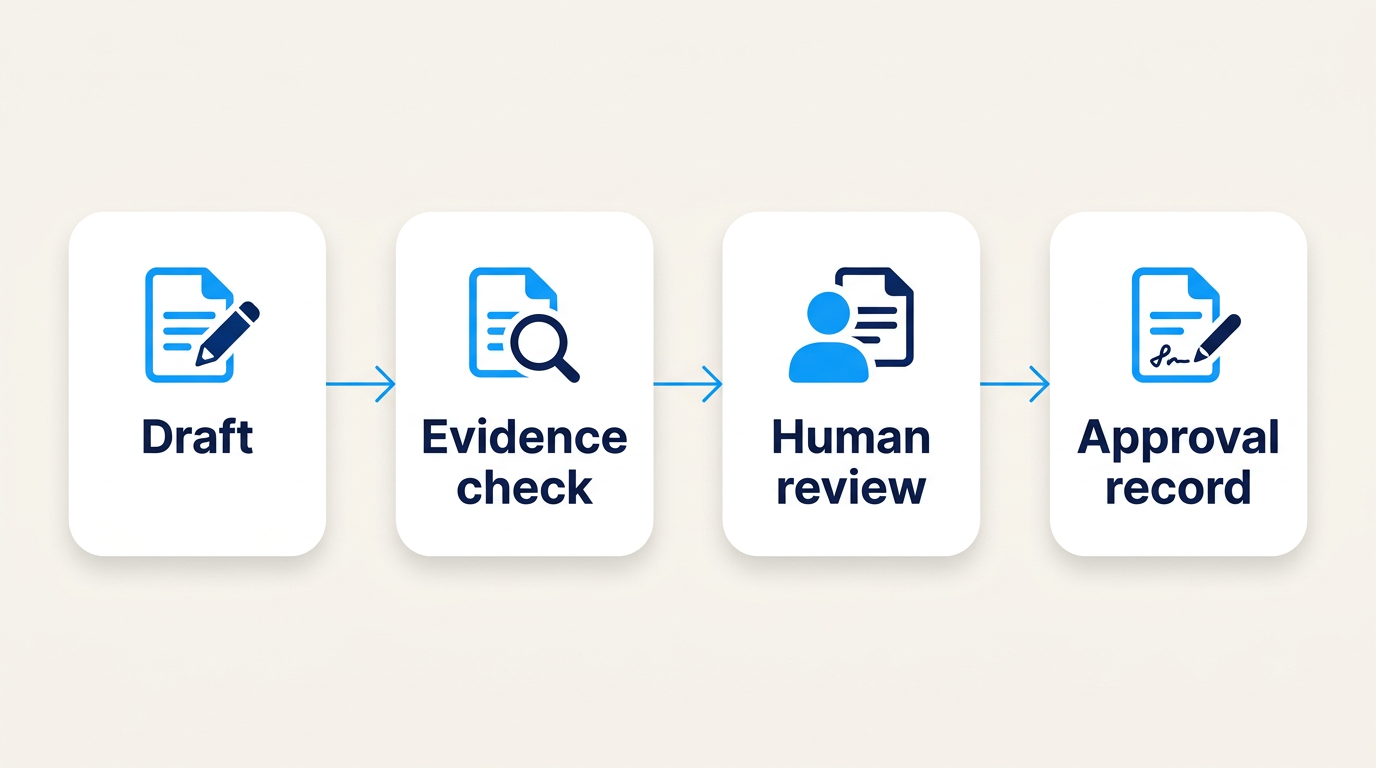 Approval workflow in four steps: draft, evidence check, human review and approval record